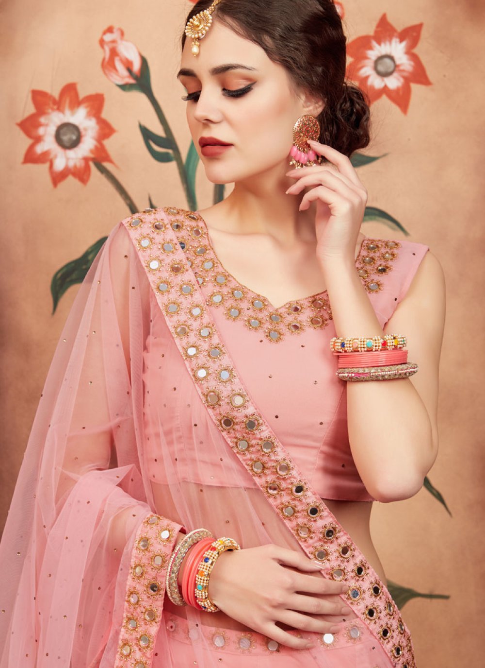 Peach Lehenga Choli for Wedding + Antique Gold sequins Hand-embroidere