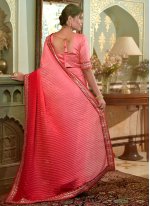 Pink and Red Chinon Embroidered Contemporary Saree
