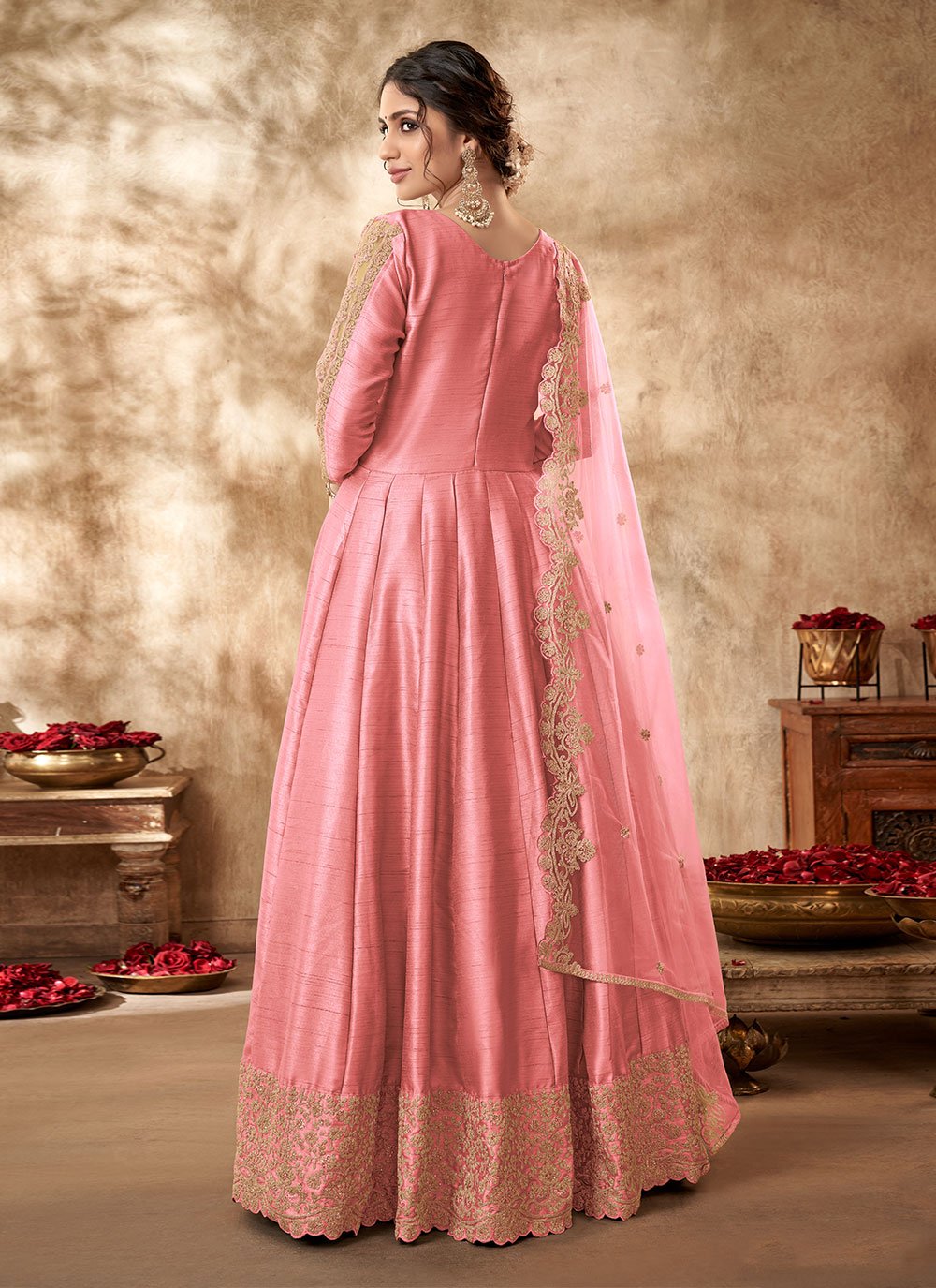 Pink Embellished With Embroidered Net Anarkali Suit
