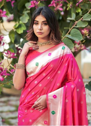 Pink Banarasi Silk Woven Designer Saree