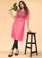 Pink Cotton  Embroidered Casual Kurti