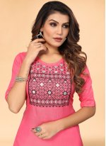 Pink Cotton  Embroidered Casual Kurti