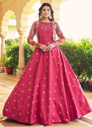 Pink Cotton  Embroidered Designer Gown