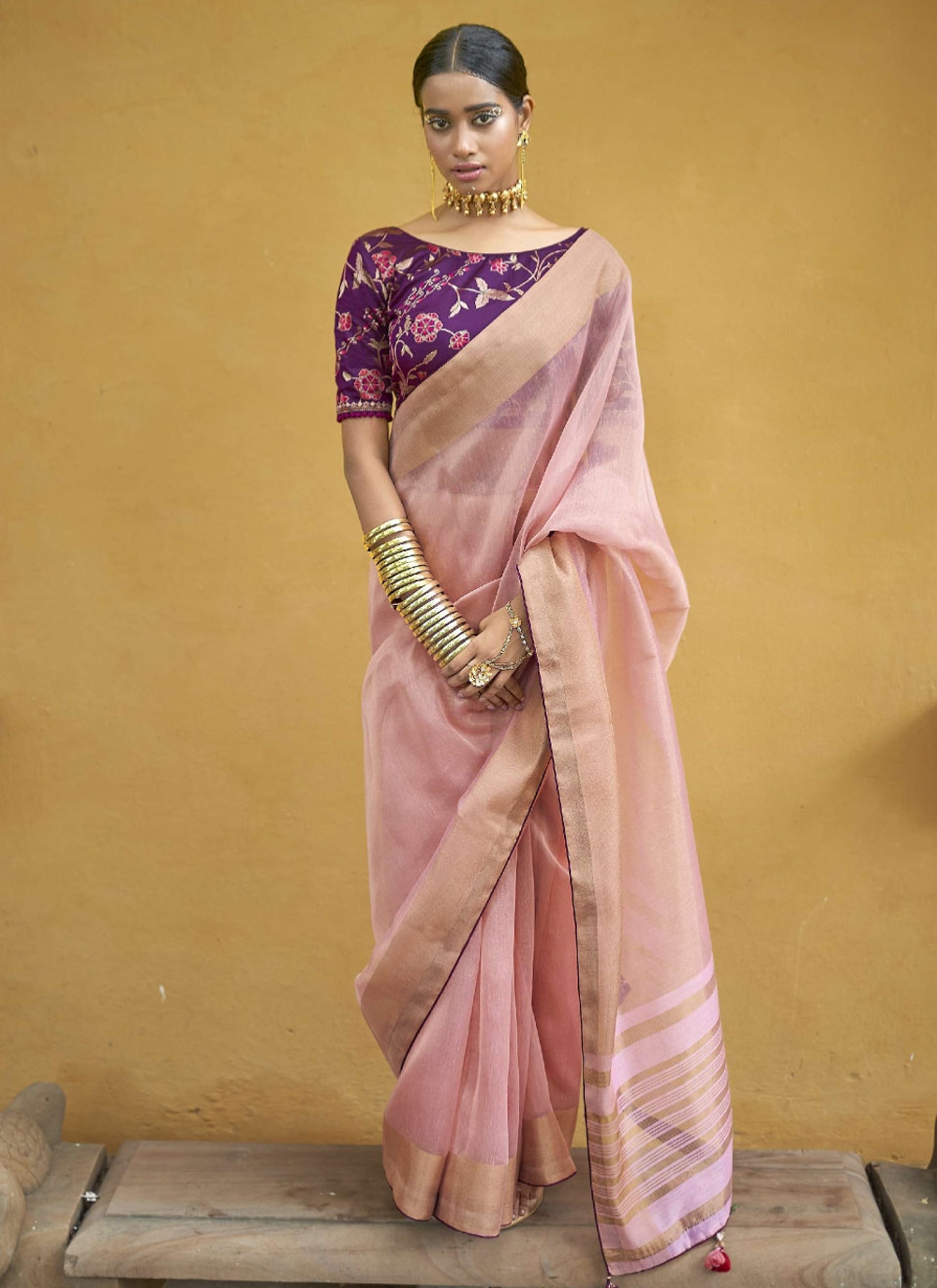 plain pink cotton saree