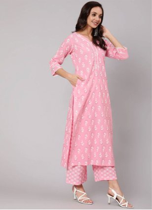 Pink Cotton  Printed Palazzo Salwar Suit