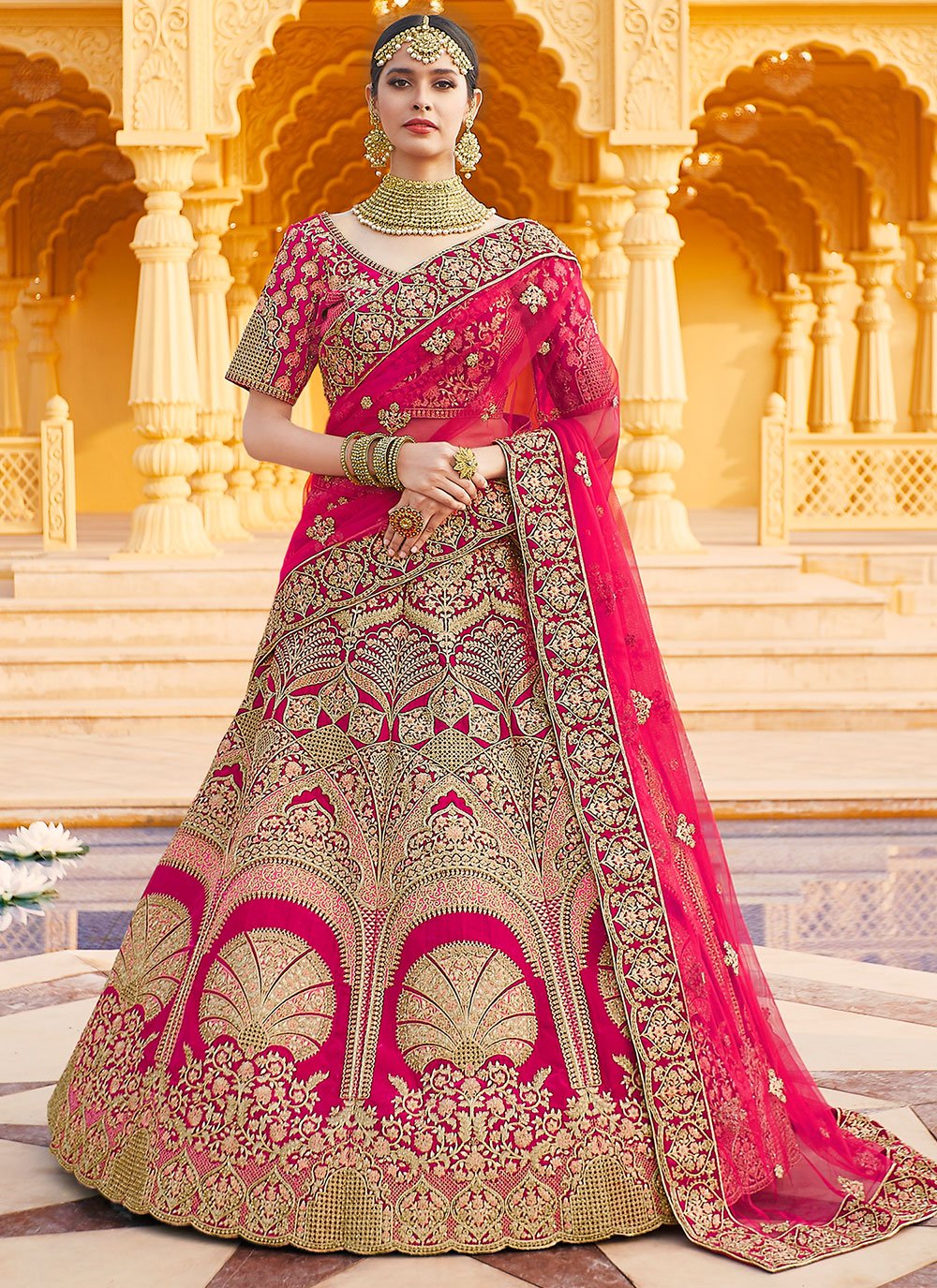 Buy Hot Pink Georgette Embroidered Choli And Mukaish Georgette Lehenga With  Attached Orange Soft Net Frills by Designer Payal Singhal Online at  Ogaan.com
