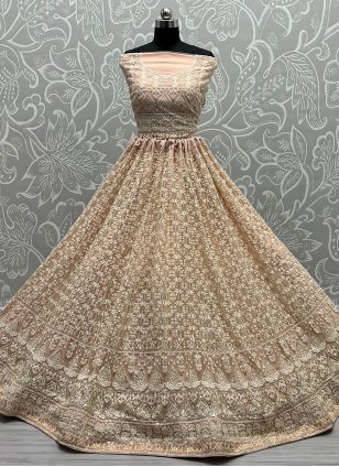 Pink Net Embroidered A - Line Wedding Lehenga Choli