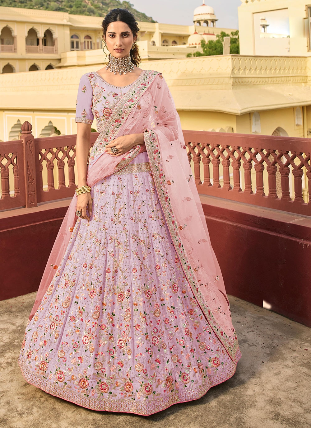 Embroidered Georgette Lehenga in Light Pink : LJN1647