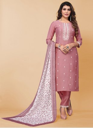 Pink Poly Silk Embroidered Pant Style Suit