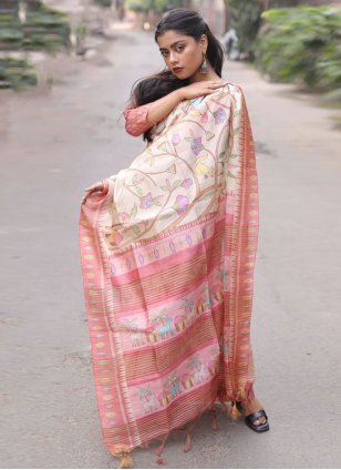 Pink Silk Printed Traditional Saree