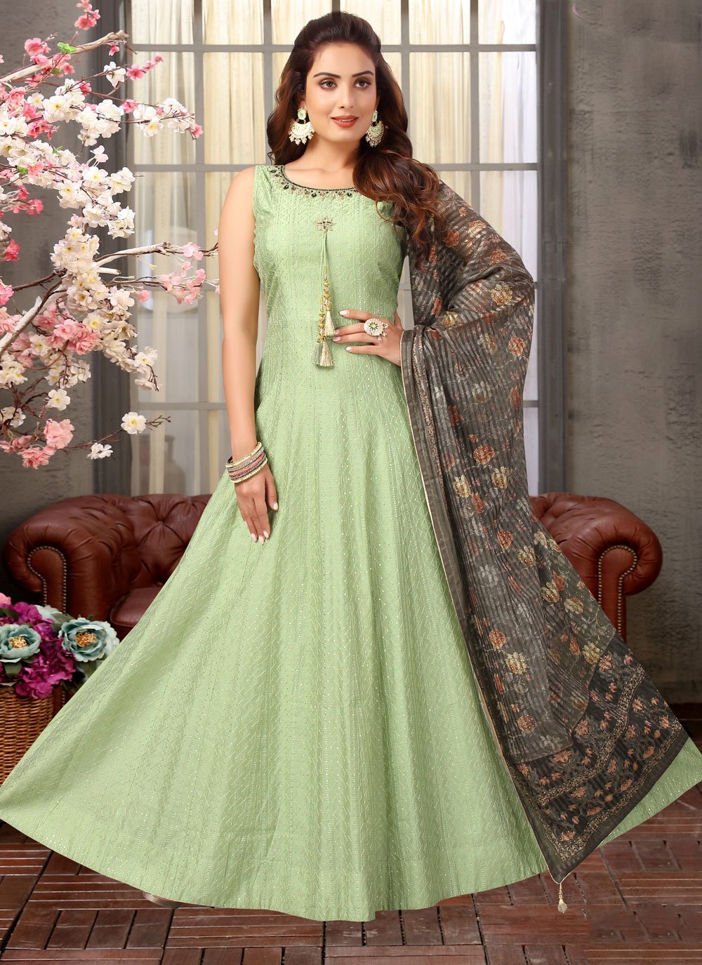 Shop Pastel Green Anarkali Suit Set With Dupatta Online in USA – Pure  Elegance
