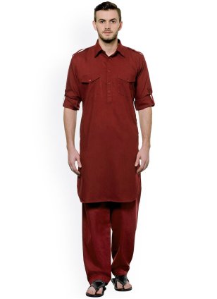 Poly Cotton Pathani Suit in Maroon for Men