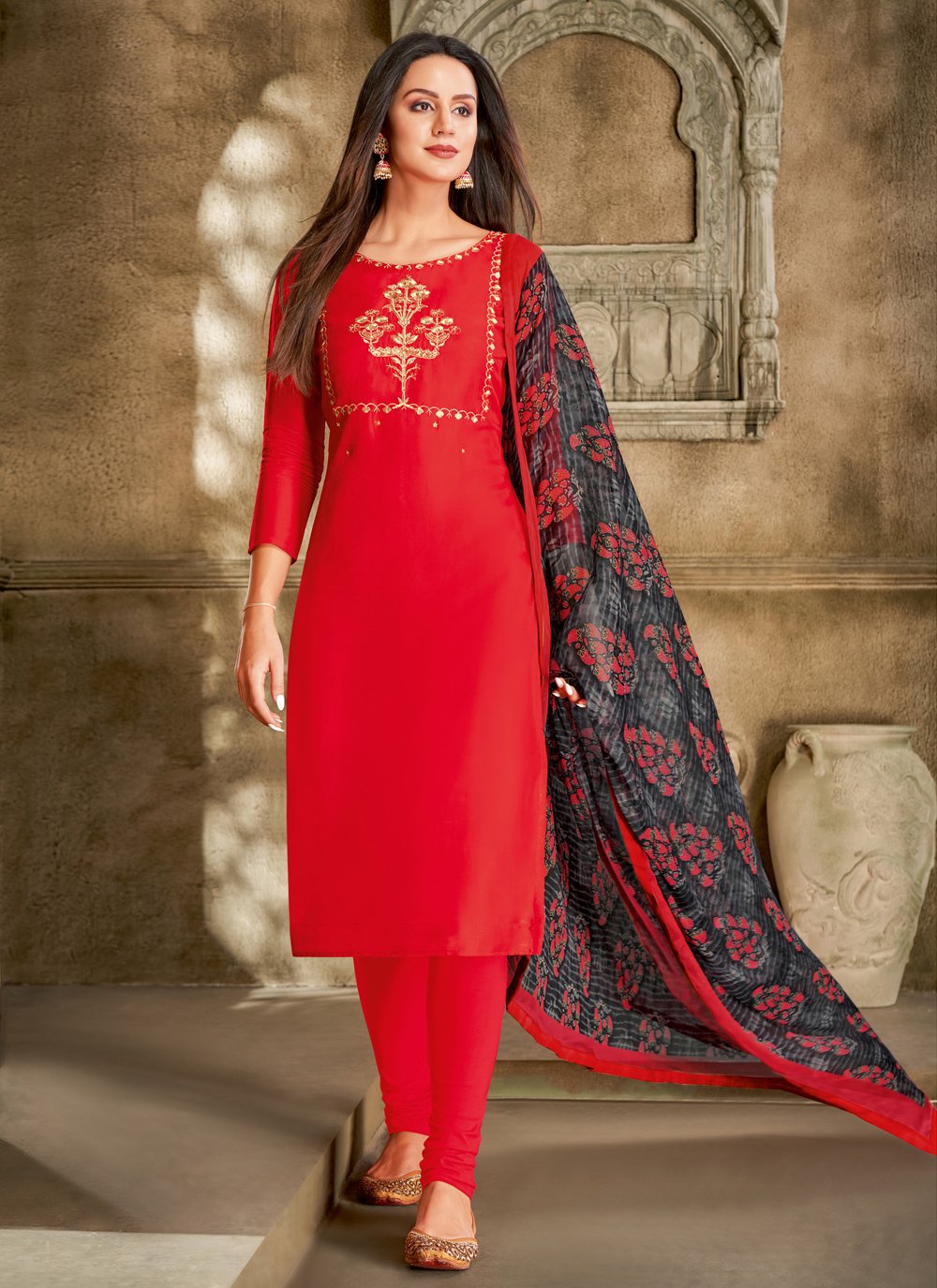 Buy Printed Chanderi Cotton Red Churidar Salwar Suit Online : Italy 