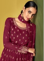 Pure Georgette Maroon Embroidered Palazzo Designer Suit