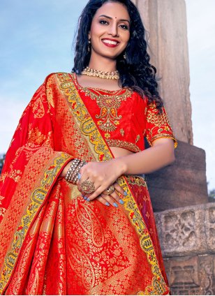 Purple Banarasi Silk Embroidered A - Line Wedding Designer Lehenga