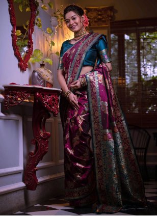 Purple Banarasi Silk Weaving Contemporary Sari