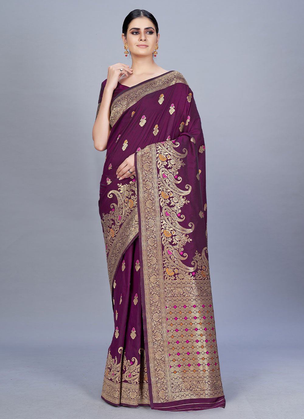 Purple Banarasi Silk Woven Trendy Sari