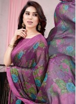 Purple Chiffon Flower Print Trendy Sari