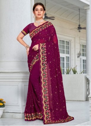 Maroon Colour Georgette Fabric Designer Saree.