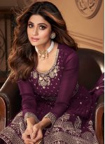 Purple Georgette Embroidered Readymade Salwar Suits
