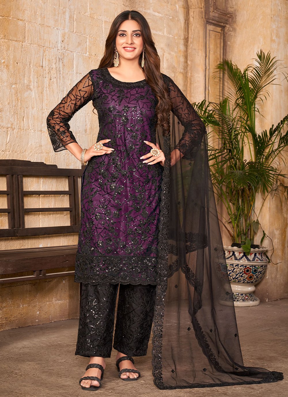 with Thread Embroidery Pakistani Black & Gray Silk & Net Low High Style Suit 