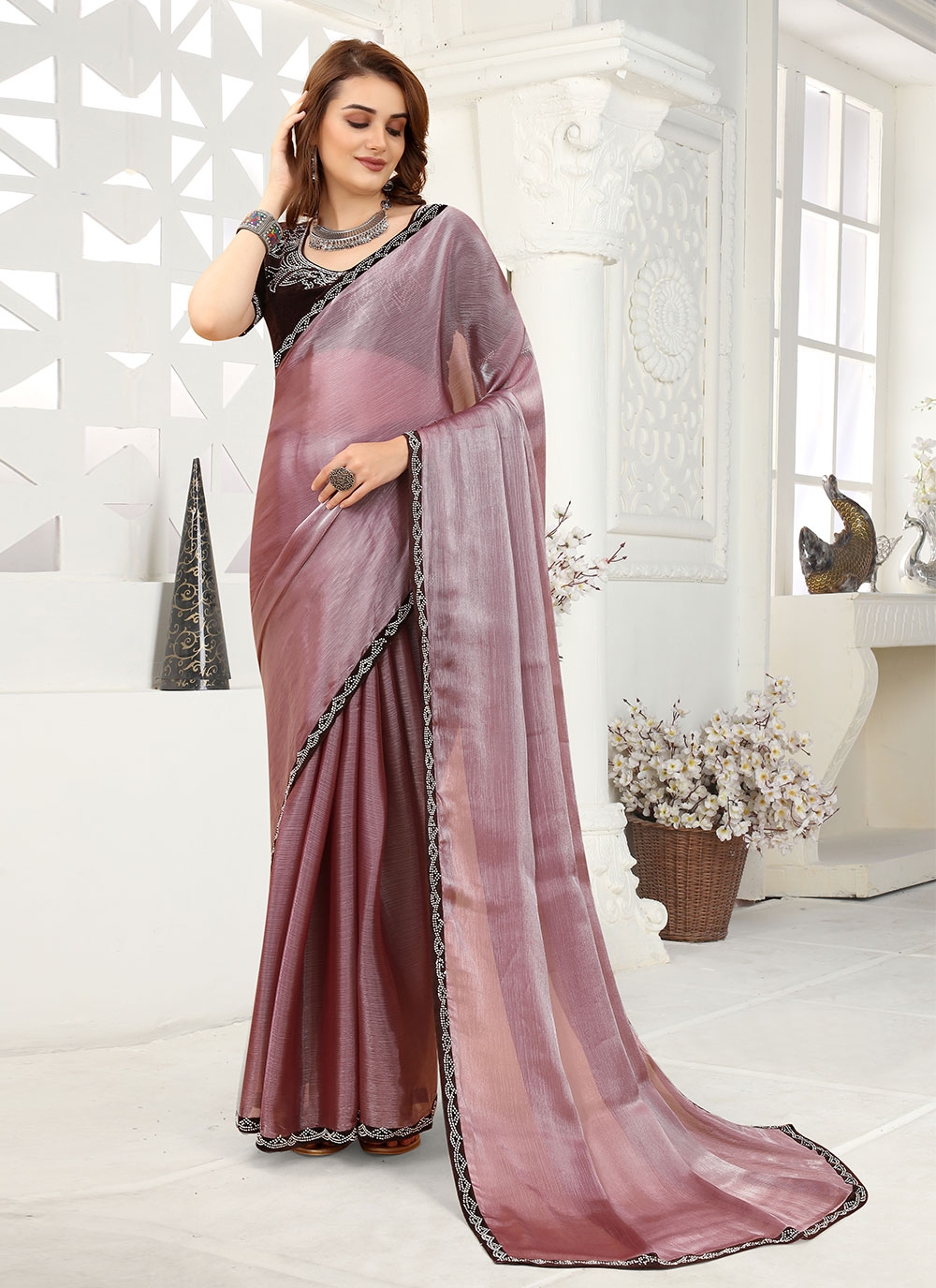 DESIGNER VICHITRA PLAIN WITH LACE WORK SAREE WITH UNSTITCHED BLOUSE at Rs  441 | Ladies Silk Saree in Surat | ID: 27626927873