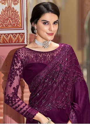 
                            Purple Silk Embroidered Trendy Saree