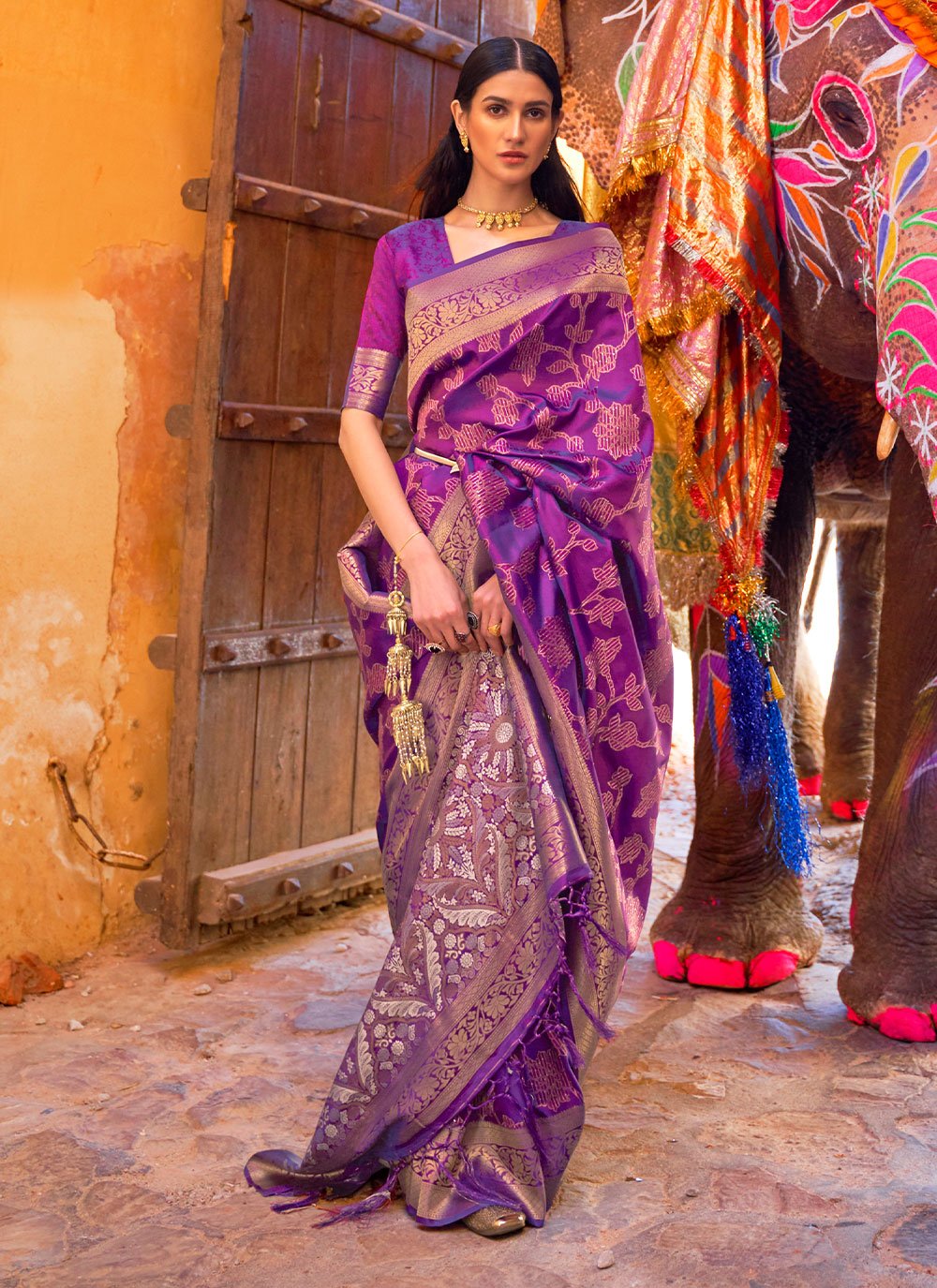 Dark purple satin saree with silver designer blouse and belt in Chennai |  Clasf fashion