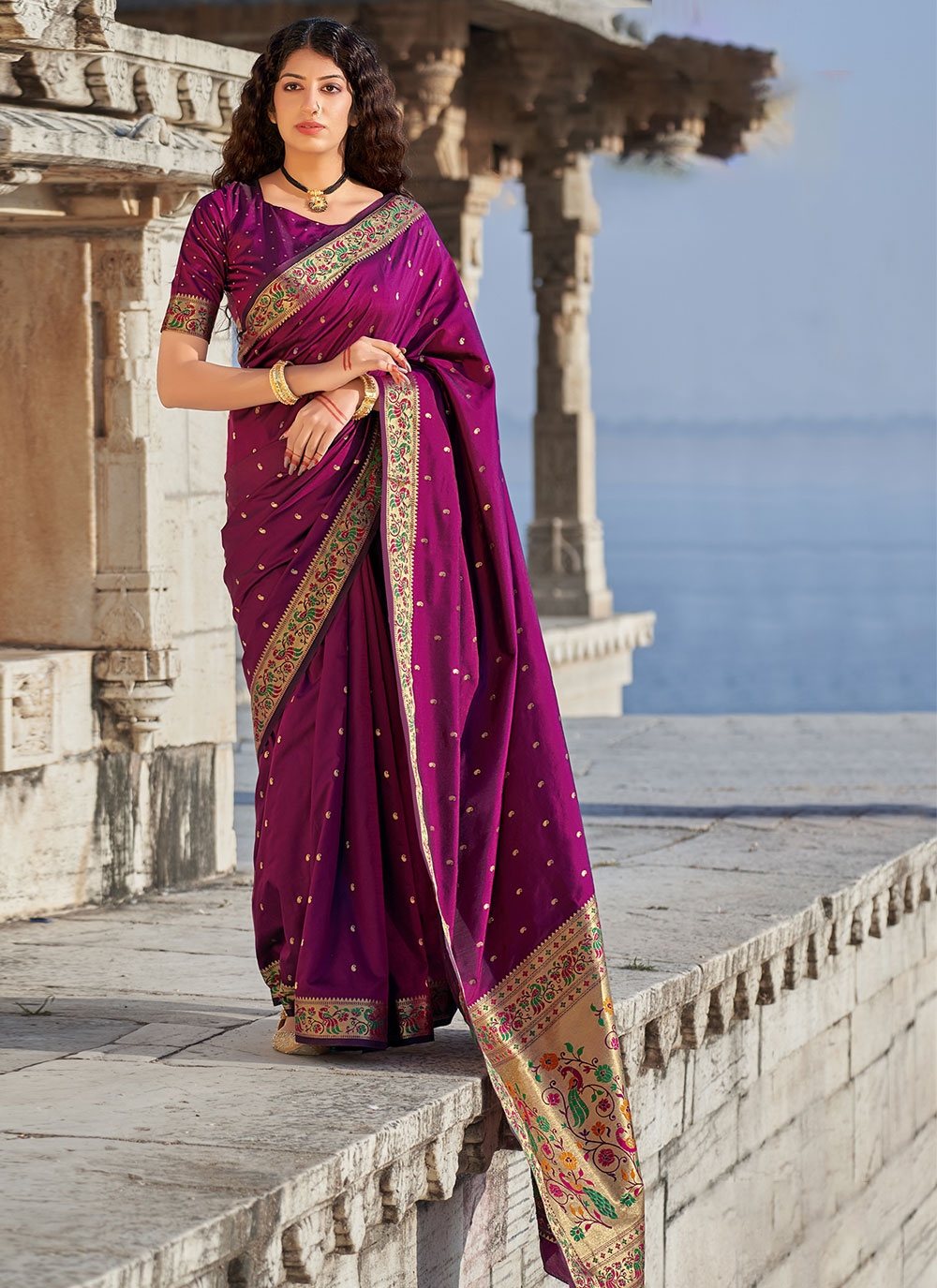 Banarasee Handwoven Organza Zari Border Contrast Blouse Saree-Violet