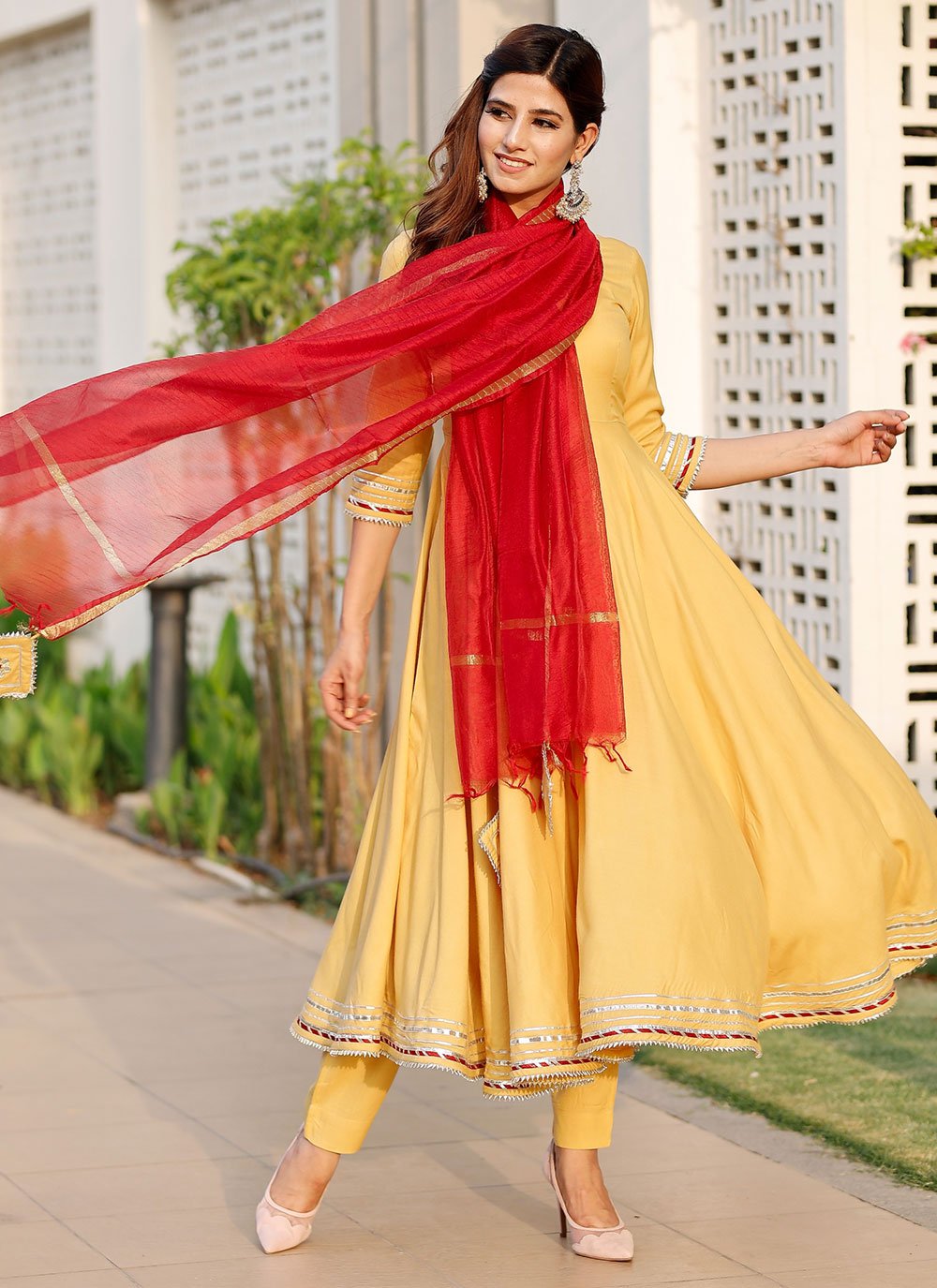 Bunaai - The combination of red and yellow is always refreshing to the  eyes. The gorgeous red dupatta adds to its perfection which makes the suit  even more appealing. Grab it now
