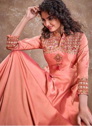 Readymade Anarkali Suit Embroidered Silk in Peach