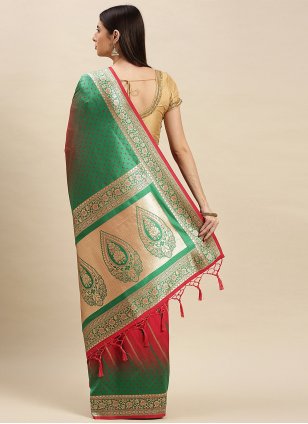 Red and Sea Green Banarasi Silk Designer Traditional Saree