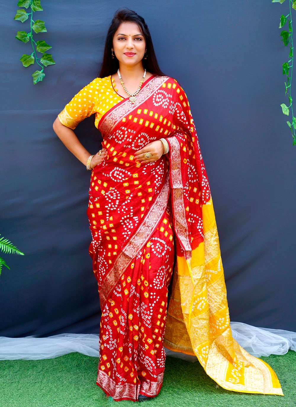 Yellow Bandhani Saree with Embroidery Border | Leemboodi