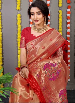 
                            Red Banarasi Silk Weaving Contemporary Saree