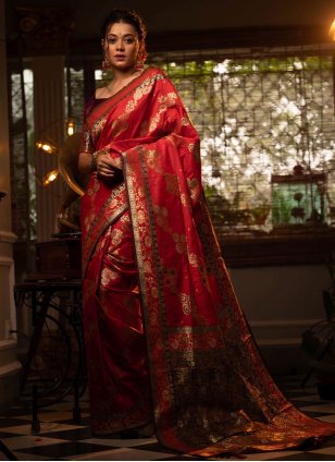 Red Banarasi Silk Weaving Traditional Saree