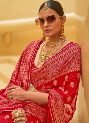 Red Brasso Weaving Trendy Sari