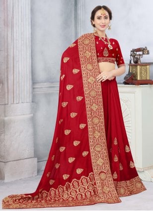 Red Embroidered Designer Traditional Saree
