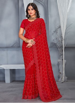 Red Georgette Embroidered Contemporary Sari