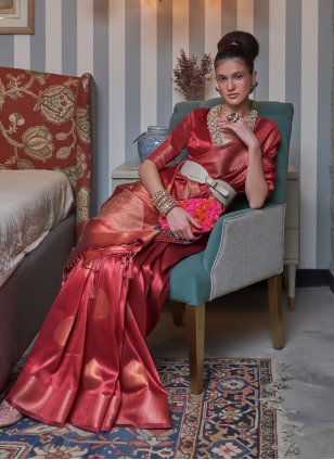 Red Handloom Silk Weaving Designer Saree