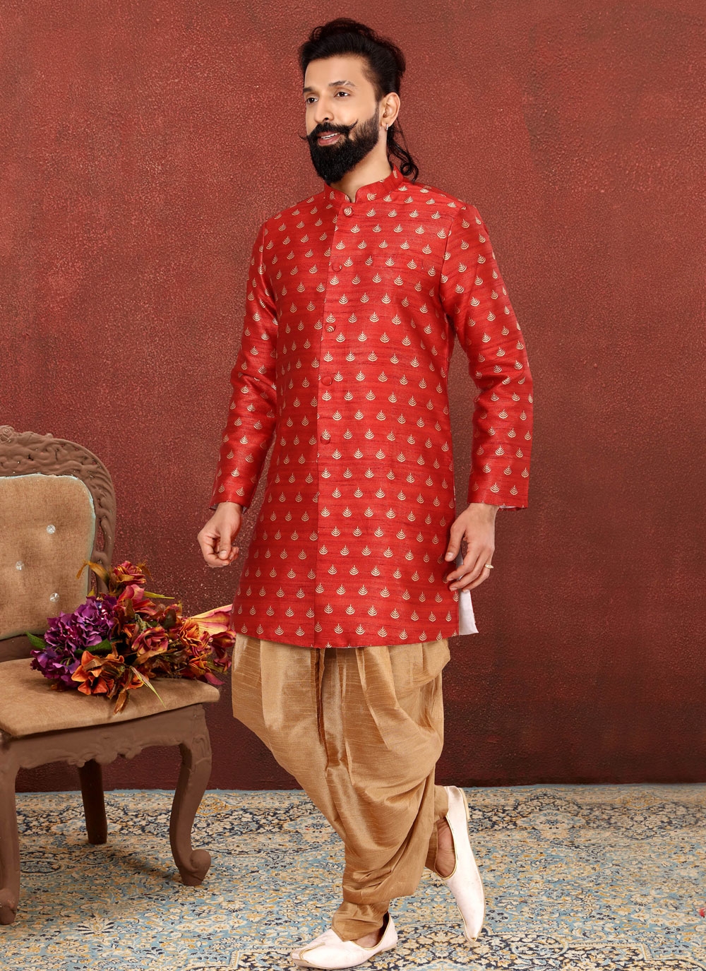 red indo western dress for men