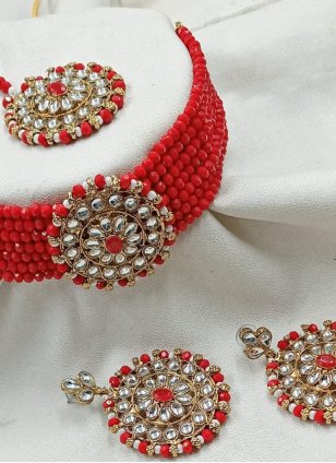 Red Necklace Set enhanced with Stone