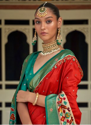 Red Patola Silk Aari Work Trendy Sari