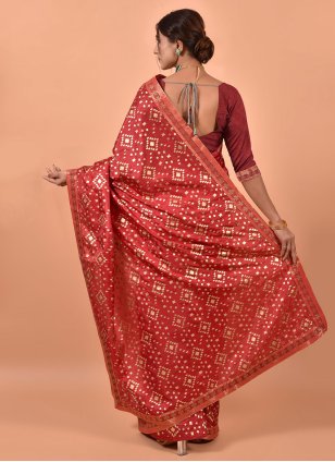 Red Poly Silk Foil Print Trendy Sari