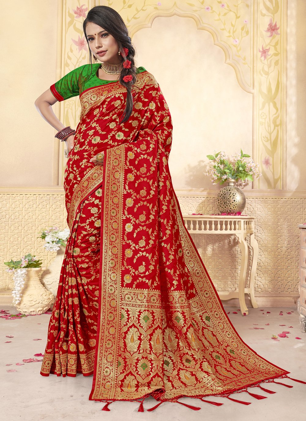 Yellow & Red Banarasi Paithani Style Designer Saree with Designer Blouse |  The Silk Trend