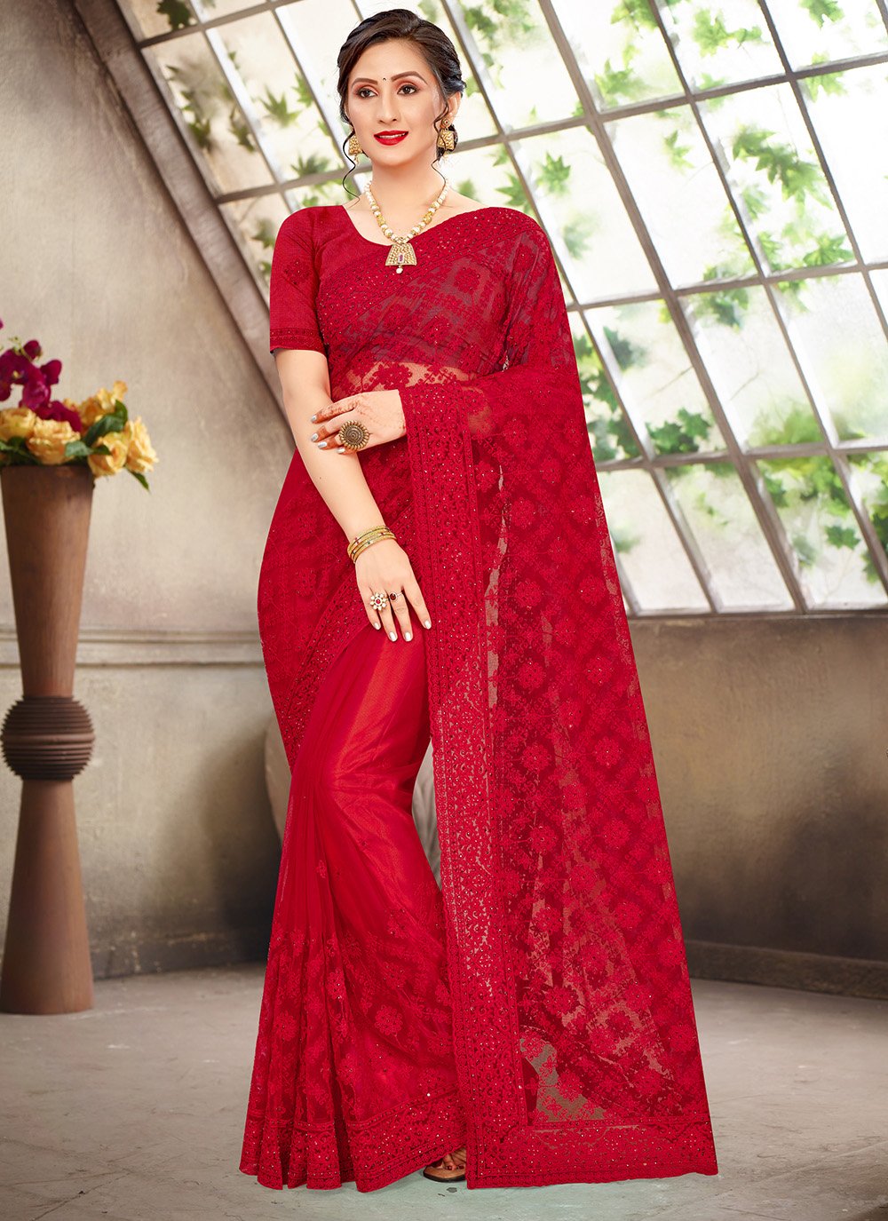 Buy Designer Sarees, Salwar Kameez, Kurtis & Tunic and Lehenga  Choli.Appealing Silk Red Saree