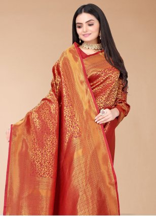 Red Silk Blend Woven Classic Saree