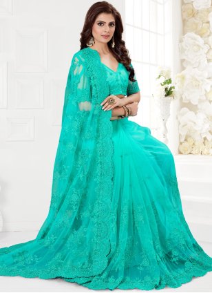 Resham Net Classic Saree in Turquoise
