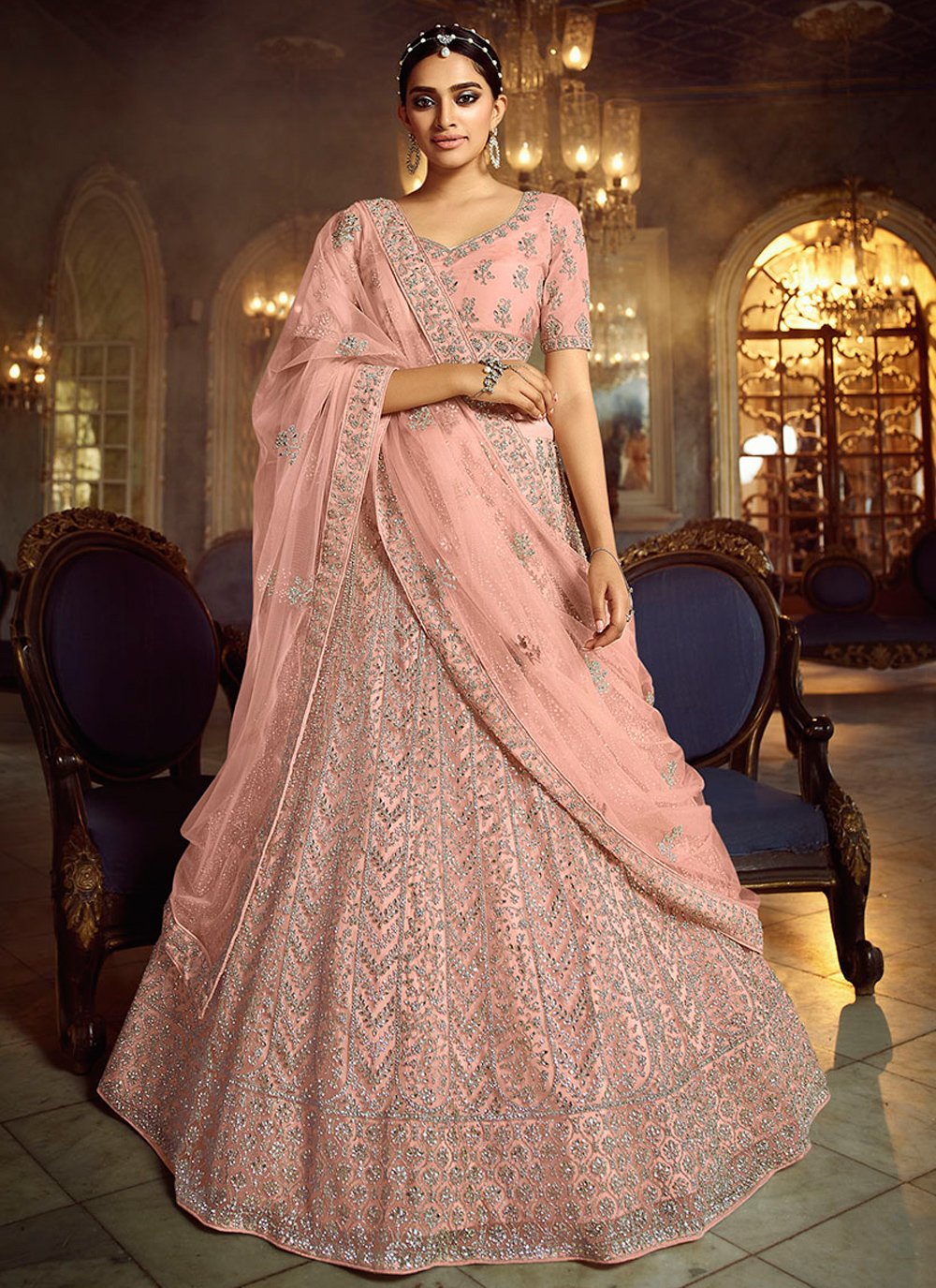 Buy Embroidered, Resham and Zari Work Banarasi Silk Lehenga Choli In Peach  and Pink for Engagement Online : 275437 -