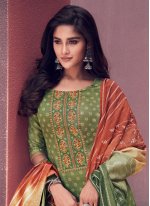 Satin Embroidered Designer Pakistani Suit in Green