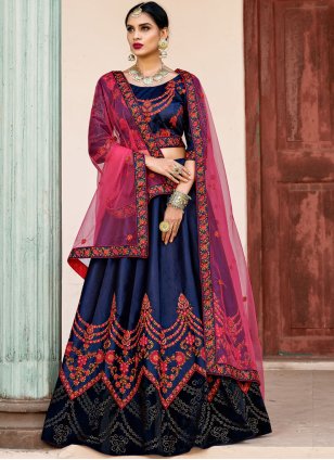 Buy Women Turquoise Blue Thread Embroidered Lehenga Set With Blouse And  Contrast Dupatta - Feed Luxe Lehenga - Indya